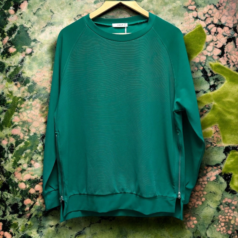 Shine Up Greenā Sweatshirt Side Zip Pullover Long Sleeve Athleisure Top